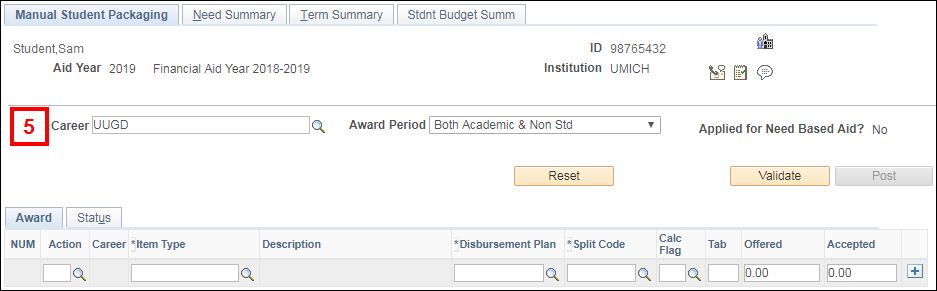 Screenshot of the Manual Student Packaging page showing the Career field