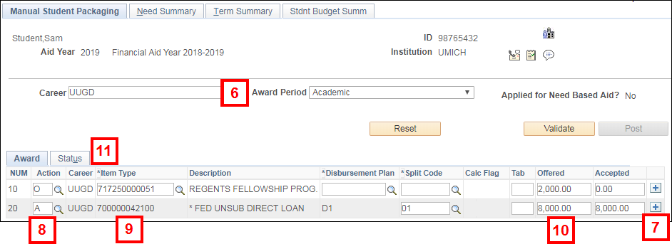 Screenshot of the Manual Student Packaging page showing the various fields used to enter an award.