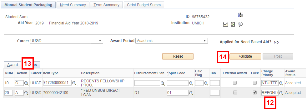 Screenshot of the Status tab on the Manual Student Packaging page showing the Charge Priority field