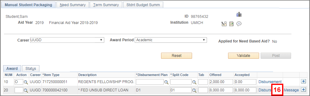 Screenshot of the Manual Student Packaging page showing the Message link