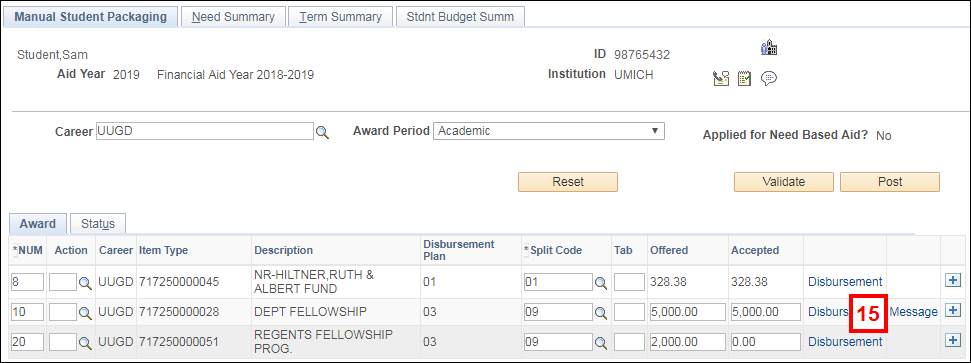 Image of the Manual Student Packaging page showing where the Message link displays