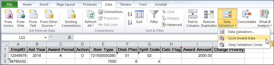 formula auditing toolbar with circle invalid data button