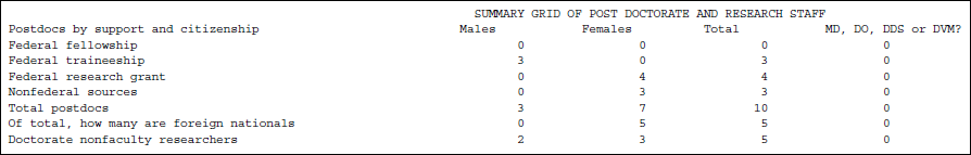 Example of the Summary Grid of Post Doctorate and Research Staff