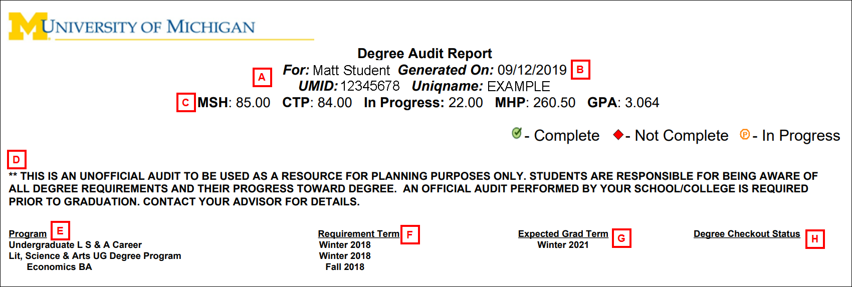 screenshot of Degree Audit Report
