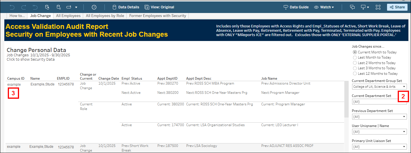 Access Validation Audit Report Security on Employees with Recent Job Changes screenshot