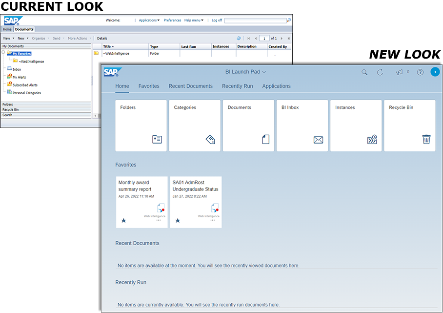 A screenshot of the current BusinessObjects launch page and a screenshot of the upgraded BusinessObjects launch page overlapping. 