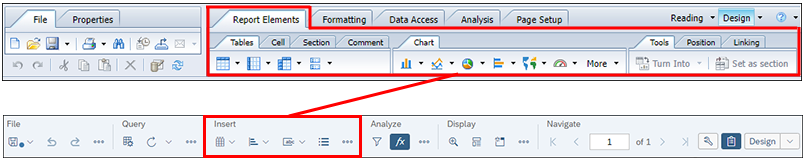 Screenshots of the Design mode tool bar in BO 4.3 and of the toolbar in the current version, showing the current Report Elements are in the Insert section of BO 4.3.
