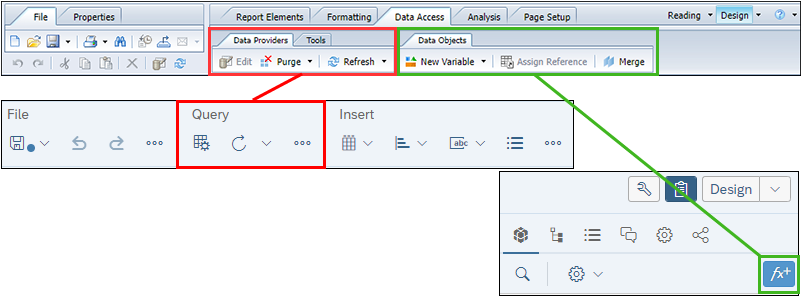 Screenshots of the Design mode tool bar in BO 4.3 and of the toolbar in the current version, showing the Data Providers tab options are in the Query section of BO 3.4, and the Data Objects tab functions are on the Add a New Variable icon.