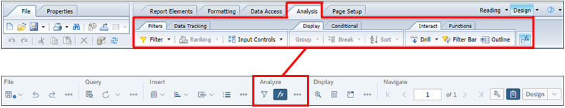 Screenshots of the Design mode tool bar in BO 4.3 and of the toolbar in the current version, showing the Analysis tab options are in the Analyze section of BO 3.4.