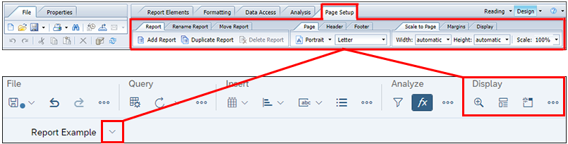 Screenshots of the Design mode tool bar in BO 4.3 and of the toolbar in the current version, showing the Page Setup tab options are in the Display section and the drop-down list next to the report name in BO 4.3.