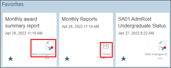 A screenshot of the Favorites section of the new BusinessObjects Launch Pad with the file and folder icons highlighted.