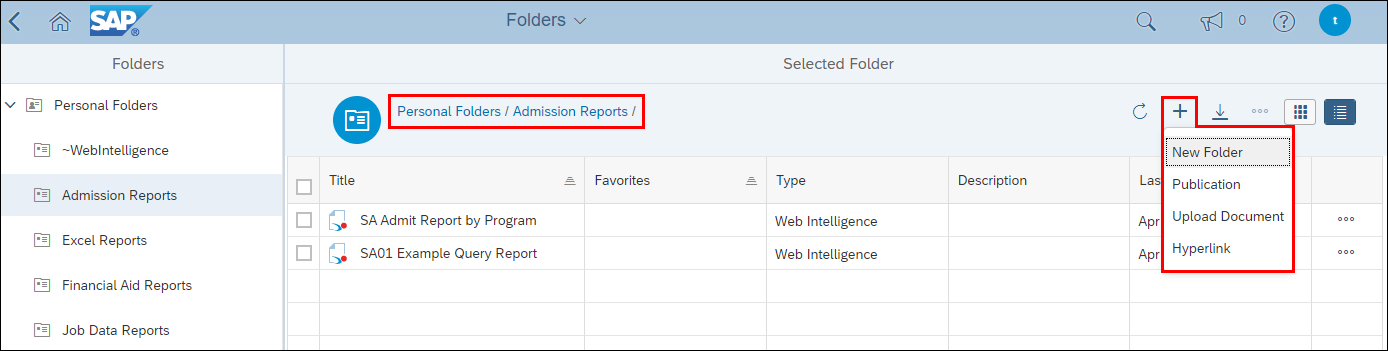 Screenshots of a folder in BusinessObjects showing the breadcrumbs and new folder options menu