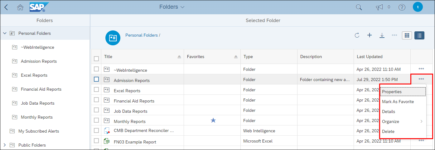 Screenshots of a folder in BusinessObjects showing the More menu on a folder row.