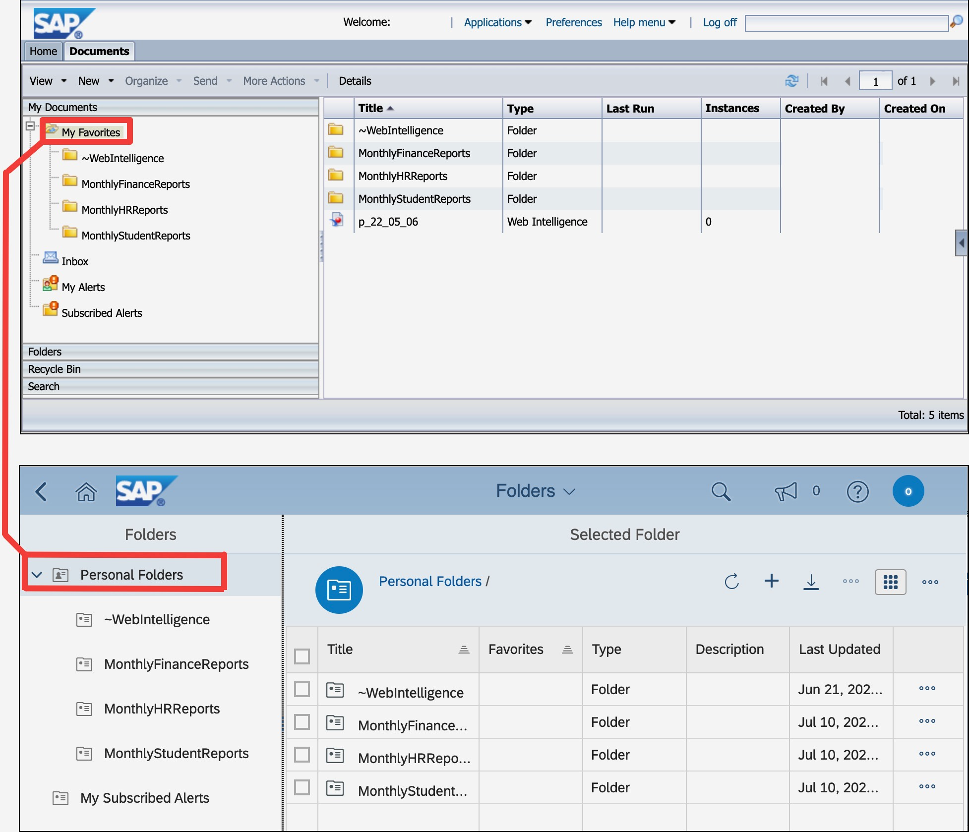 A screenshot of the Personal Folders section of the new BusinessObjects Launch Pad and My Favorites of BusinessObjects 4.2. It maps the different names used for personal folders in the old and the upgraded system.