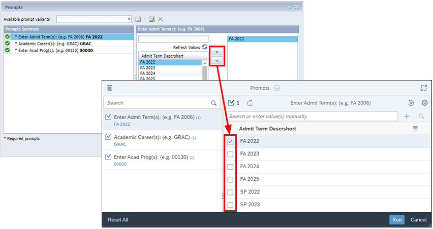 Screenshots of the prompts panel in the current BusinessObjects and the upgraded BusinessObjects.