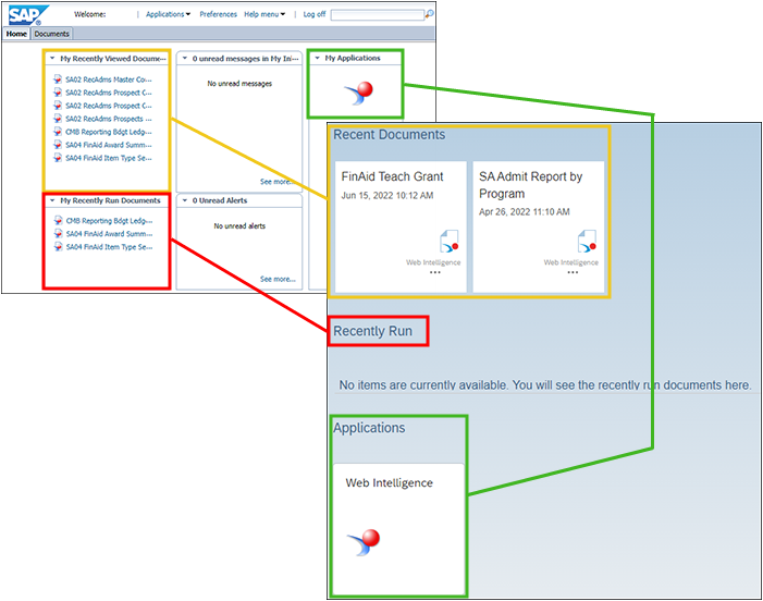 A screenshot of the Recent Documents, Recently Run, and Applications sections of the new BusinessObjects Launch Pad and the old Business Objects home page showing the Home tab. It maps where these sections are currently accessed with where they are accessed in the upgraded system.