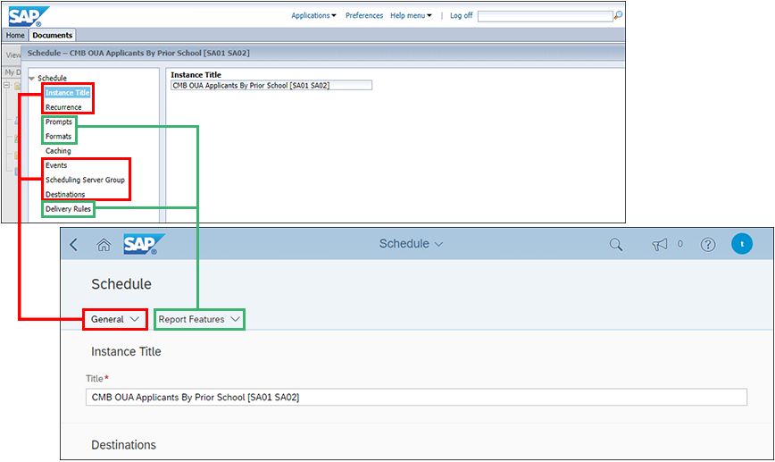 Screenshots of the new scheduling interface and the current Scheduling interface mapping the Instance Title, Recurrance, Events, Scheduling Server Group, and Destinations options to the General menu in BO 4.3, and mapping the Prompts, Formats, and Delivery Rules options with the Report Features menu.