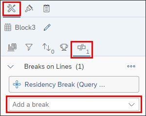 screenshot of BO 4.3 Properties Panel - Report Element Data - Break Panel showing the Add Break option.