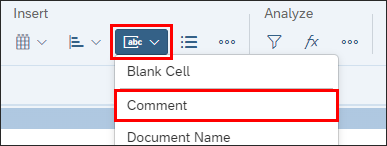 screenshot of the BO 4.3 toolbar showing the Insert cell drop-down list and the Comment option in that list.