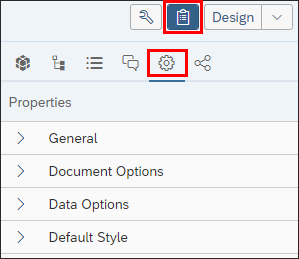 screenshot of the BO 4.3 Main Panel showing the Show Document Properties icon, which is the third icon at the top of the panel.