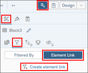 screenshot of the Properties Panel - Report Element Data - Filter Panel showing the Element Link tab and the Create Element Link link.