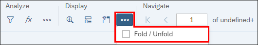 screenshot of the BO 4.3 Design Mode Toolbar with the three-dot menu highlighted and Fold/Unfold highlighted in the drop-down list.