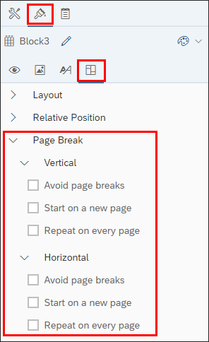 screenshot of BO 4.3 Properties Panel - Report Element Format - Layout Settings showing the Break options.