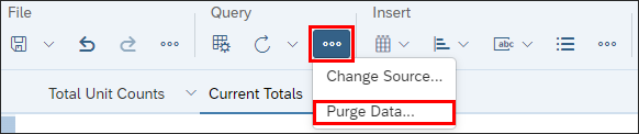 screenshot of the BO 4.3 Design Mode toolbar showing the Query section with the three-dot menu expanded showing the Purge Data option.