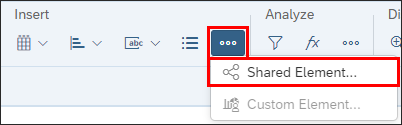 screenshot of the BO 4.3 toolbar showing the Insert section with the three-dot menu clicked and the Shared Element option visible.