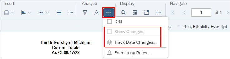 screenshot of the BO 4.3 toolbar with the three-dot menu in the Analyze section visible, showing the Track Data Changes and Show Changes options.
