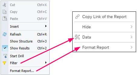 screenshot of the BO 4.2 Contextual menu that displays when right-clicking on the report and the BO 4.3 Contextual menu of the same type. Arrows show that Filter is BO 4.2 is under Data in BO 4.3, and Format Report exists as the last item in both menus.