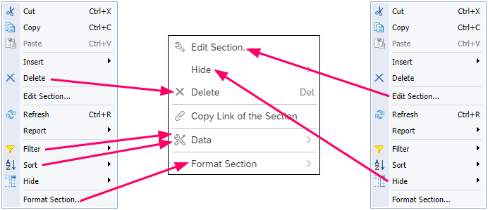 screenshot of the BO 4.2 Contextual menu that displays when right-clicking on a report section and the BO 4.3 Contextual menu of the same type. Arrows show that Filter is BO 4.2 is under Data in BO 4.3, and Format Report exists as the last item in both menus.