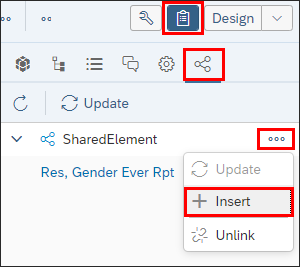 screenshot of the BO 4.3 toolbar showing the Main Panel - Shared Elements panel with the three-dot menu clicked and the Insert Element option visible.