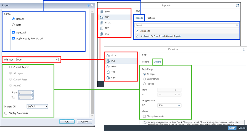 Screenshots of the BO 4.2 export screen and the BO 4.3 export screen.