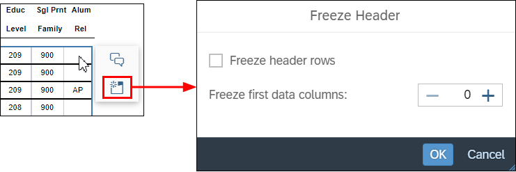 Screenshot of a report table showing the Comments and Freeze icons that display to the right of the table when you right-click on a report cell and the Freeze Header dialog box that displays when you click the Freeze icon. The Freeze Header box has options to Freeze Header Rows, and also a Freeze First Data Columns with a plus/minu selector to specify the number of columns.