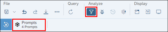 screenshot of the BO 4.3 tool bar showing the Show Filter Bar icon in the Analyze section and the Prompts button that displays above the report when the filter bar is on.