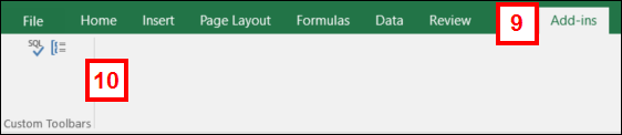 Screenshot of the Add-Ins menu on the Excel toolbar and its custom toolbars
