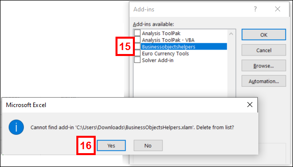 Screenshot of the Add-Ins window showing the businessobjectshelpers row selected and the cannot be found message.