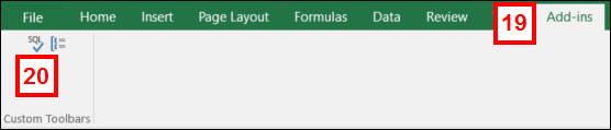 Screenshot of the Add-Ins menu on the Excel toolbar and the SQL option.