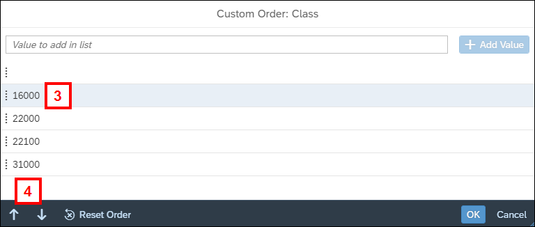 Screenshot of the Custom Order screen showing a value highlighted and the up and down arrows.