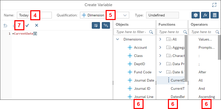 Screenshot of Create Variable window showing the Name field, available functions, available objects, available operators and validate formula sections of the window.