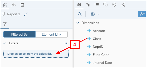 Screenshot showing the Properties Panel and Document Objects panel, with an arrow going from a report element to the Drop and object from the object list box.