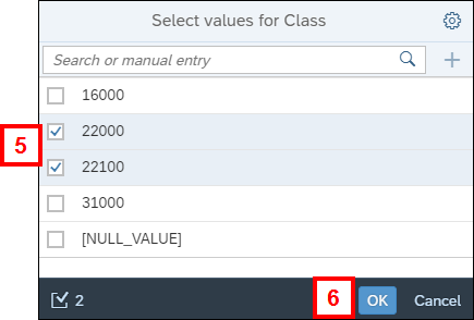 Screenshot of the Select Values window showing several values checked and the OK button.
