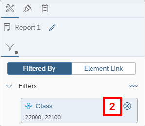 Screenshot of a filter shown on the Report Element Data panel with the delete button highlighted.