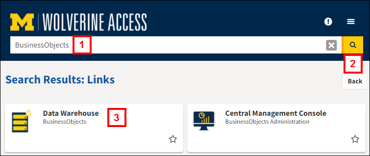 Screenshot of the Wolverine Access homepage showing BusinessObjects in the search bar, highlighting the search button, and showing the BusinessObjects tile
