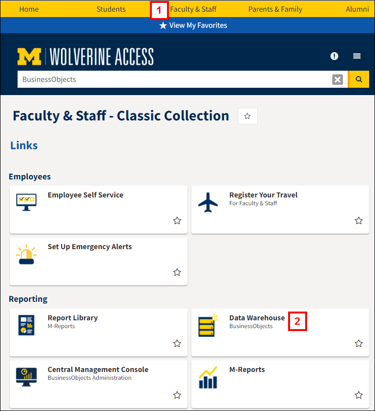 Screenshot of the Wolverine Access homepage showing the Faculty and Staff menu, the Faculty and Staff page, and the BusinessObjects tile