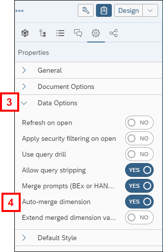 Screenshot of the Document Properties panel showing the data options and auto merge dimensions toggle.