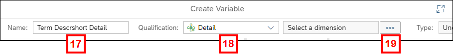 Screenshot of the top of the Create Variable window showing the name and qualification fields and the display list of dimensions button