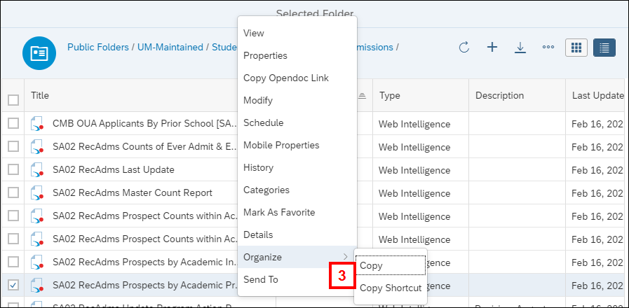 Screenshot of folder component showing a report title's contextual menu with Organize and Copy highlighted.
