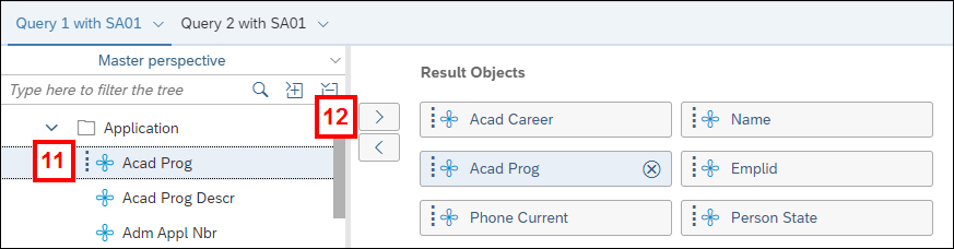 Screenshot of the Query Panel showing an object in the left panel and the same object in the Result Objects section.